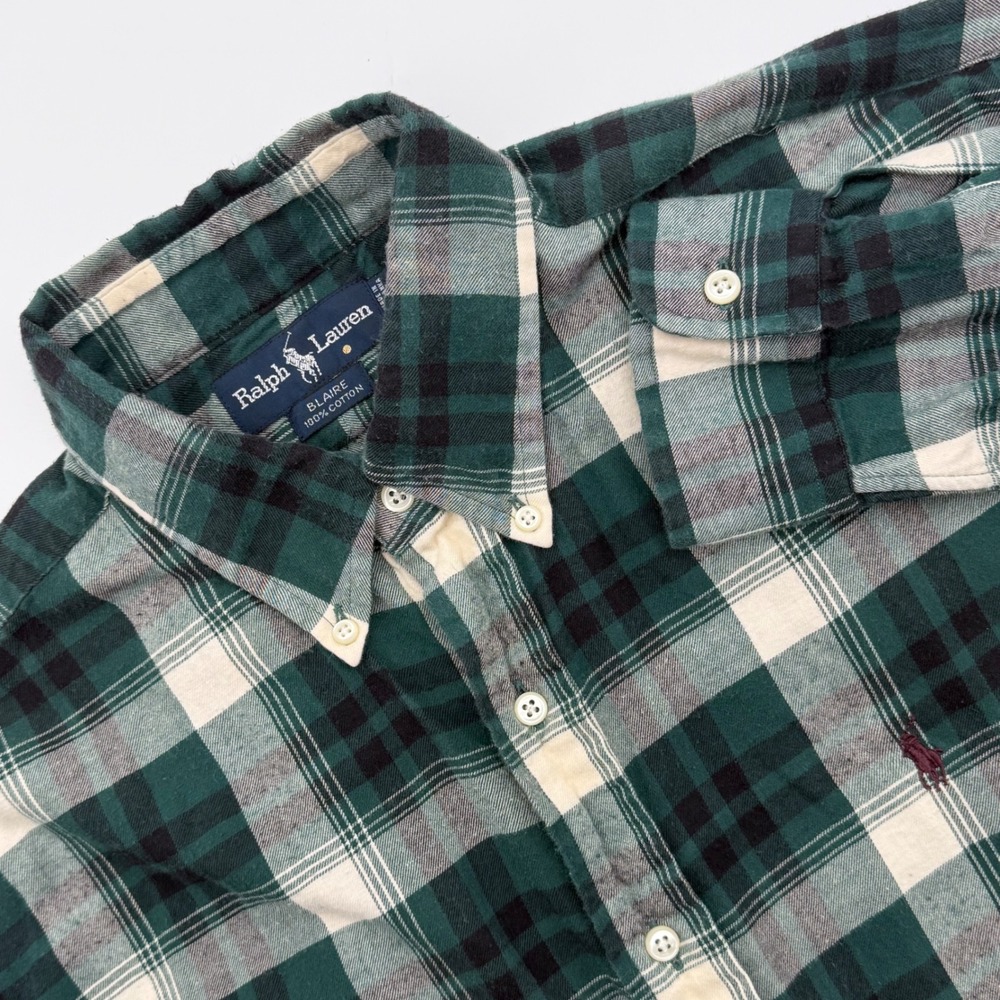 Ralph Lauren Blaire Mens Large Green Plaid Flannel Button Down Shirt Cotton L